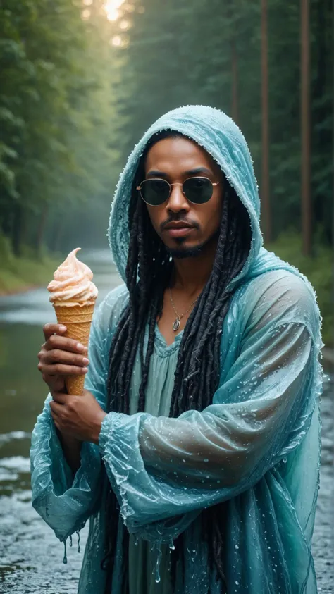 araffe in a raincoat holding an ice cream cone in a river