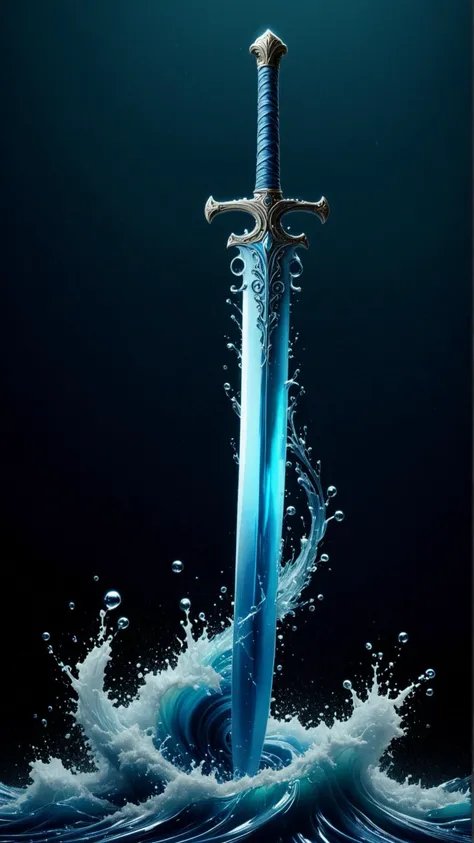 a close up of a sword in the water with a wave