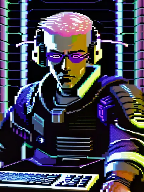 A man with short pink hair and purple eyes, wearing a futuristic outfit and a headset, hacking a computer in a dark room, cyberpunk style,64gr4ph1cs style,8-bit,pixel art<lora:C64XL-000005:1.0>