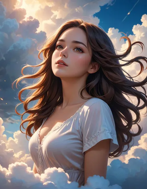 best quality, masterpiece, (highres, highly detailed:1.2), cinematic lighting, vibrant colors,
woman, upper body, long hair, brunette, detailed face, sitting on a floating cloud, dynamic angle.