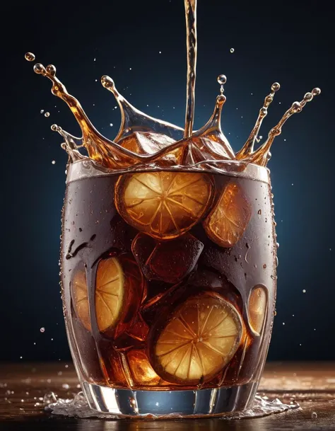 glass of cola, ice, splash, droplets, best quality, masterpiece, (highres, highly detailed:1.2), cinematic lighting, vibrant colors