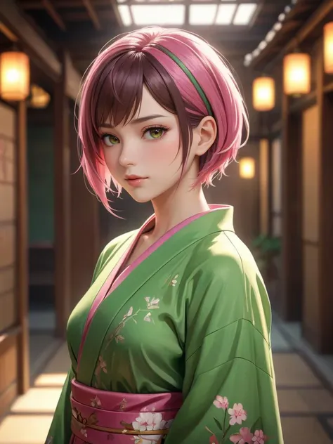 woman, pixie cut, (streaked hair:1.2), (light green, pink hair, brown hair), kimono, best quality, masterpiece, (highres, highly detailed:1.2), cinematic lighting, vibrant colors