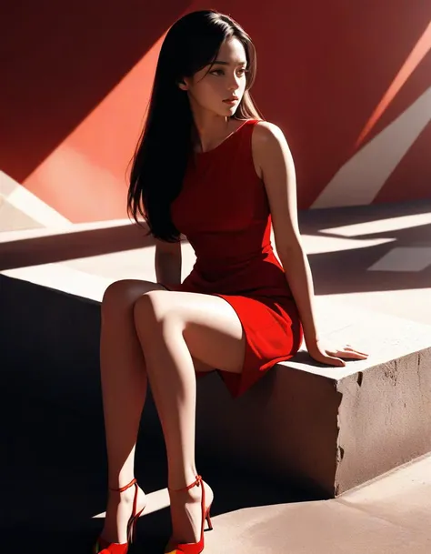 analog film, photographic, dynamic composition, sharp focus, cinematic lighting, highly detailed,
detailed face, skin texture, shadow, aesthetic, pose, dynamic angle,
woman, long hair, red dress, short dress, bare legs, 
contemplating, abstract background,