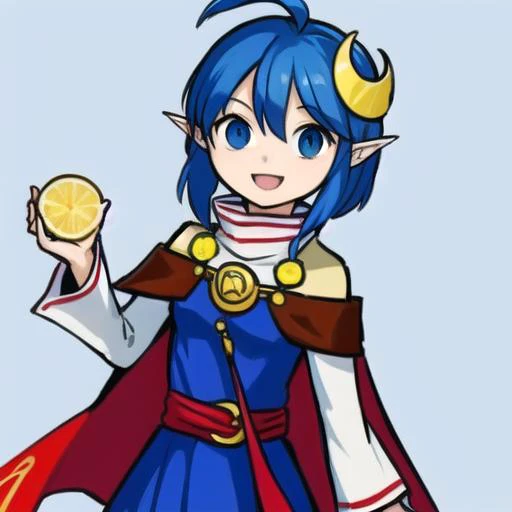 (masterpiece, best quality:1.4)<lora:SO2-RenaLanford-tappy:0.9> 
1girl, solo, rena, crescent hair ornament, renadef, red cape, (blue skirt), <lora:Style_of_the_Winds:.8> (holding lemon), smile, simple background