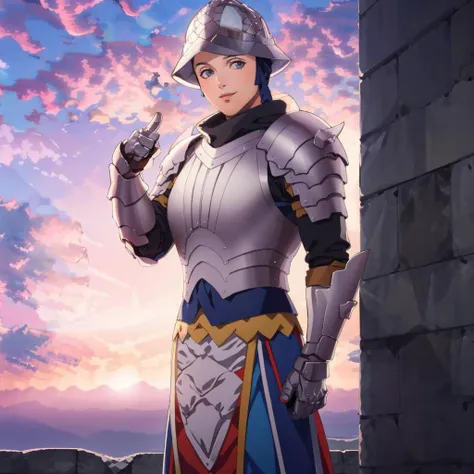 masterpiece, best quality, cloud, sky, sunset, cowboy shot, standing, looking at viewer, <lora:FE3H S Rank:1>  <lora:gatekeeper-nvwls-v1-final:0.9> gatekeeper, helmet, full armor, gauntlets, hands to chest, male focus, smile