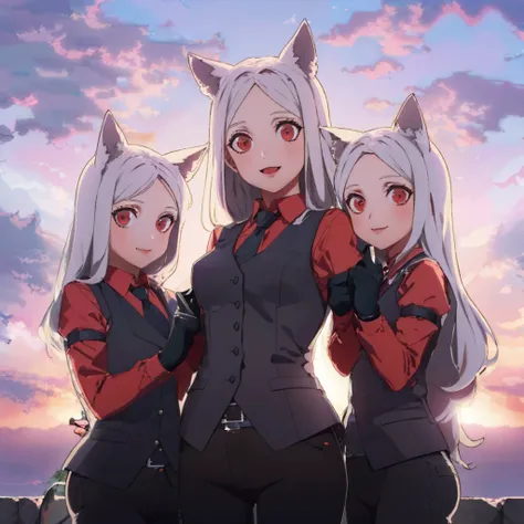 three anime girls with long hair and cat ears standing in front of a sunset