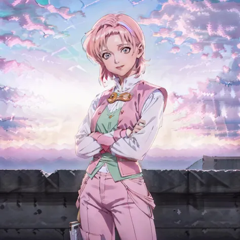 <lora:FE3H S Rank:1>, cloud, sky, sunset, standing, cowboy shot,1girl,standing,(adult,mature woman),heikevahs,vest,pink hair,short hair,green headband,white long sleeve shirt,pink pants,smiling,happy,(crossed arms), <lora:Heike:0.6>, <lora:LORA-XenoDetaile...