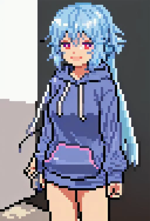 pixel art, 1girl, cute, bust up, light smile, hoodie