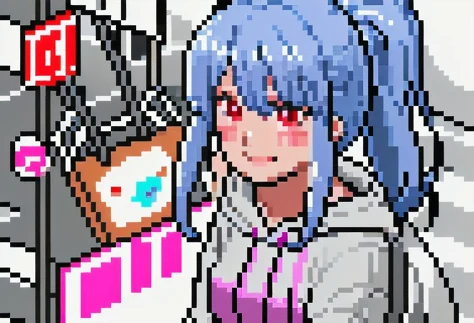 pixel art, 1girl, cute, sexy, bust up, light smile, hoodie