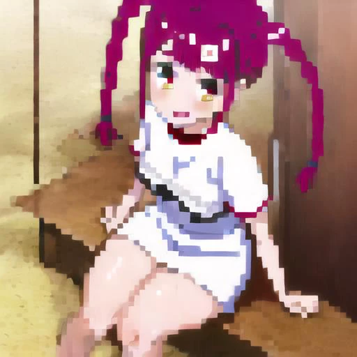 anime girl with purple hair sitting on a wooden floor