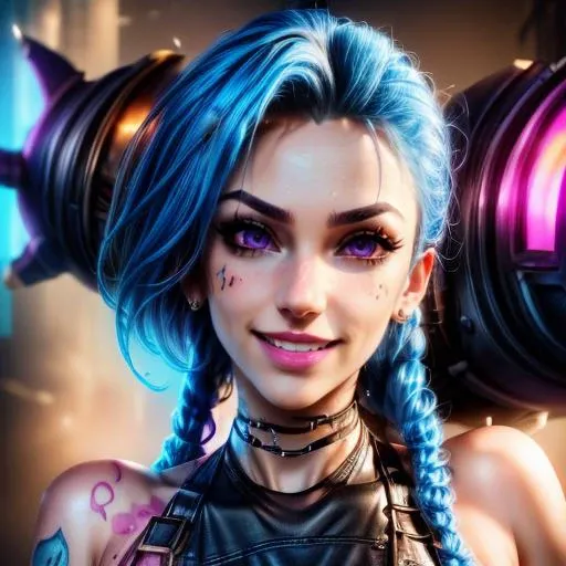 <lora:LoLJinxLora:1> blue, hair, woman, braids, tattoos, piercings, bazooka,minigun, pink black outfit,beautiful eyes, horny expression:1.2; full body:1.2, beautiful girl, high detail skin, high detail eyes, high detail hair, toned body,  skimpy,5 finger, ...