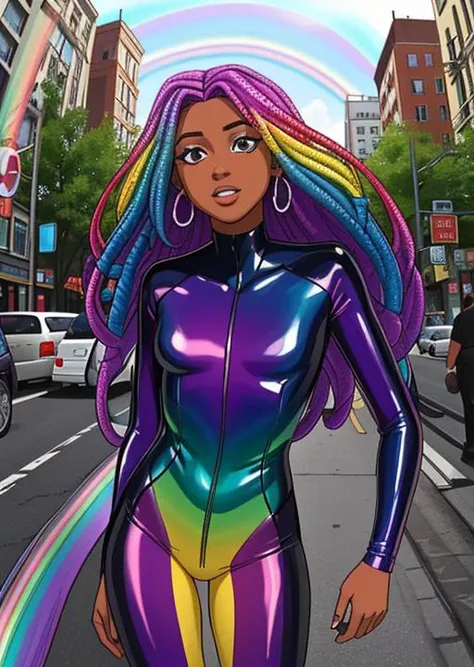 full shot, dynamic perspective, shy dark skinned woman with flowing multicolored dreadlocks, wearing an iridescent (rainbow:1.3) (snake scale:1.1) body suit, iridescent rainbow colors, on a crowded city street