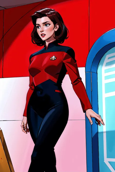 a close up of a cartoon of a woman in a red and black uniform