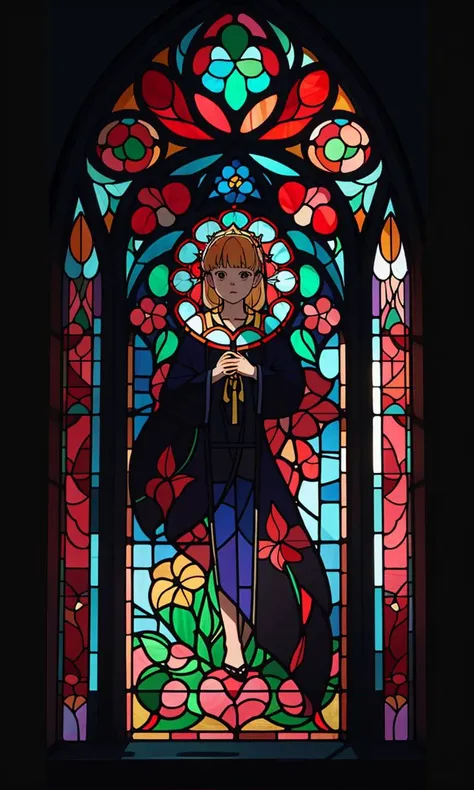 arafed image of a stained glass window with a woman holding a microphone