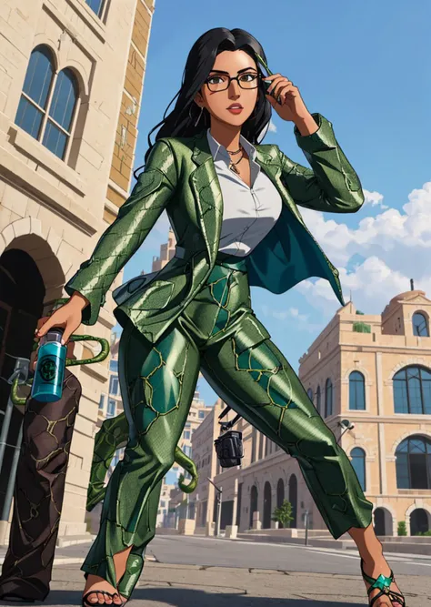 full shot, action pose, a mediterranean woman with black hair, glasses, holding a vial of poison, wearing a green snakeskin lab coat, snakeskin pants, bank building in background, dynamic perspective, white dress shirt, <lora:snakeskin_clothes:1>