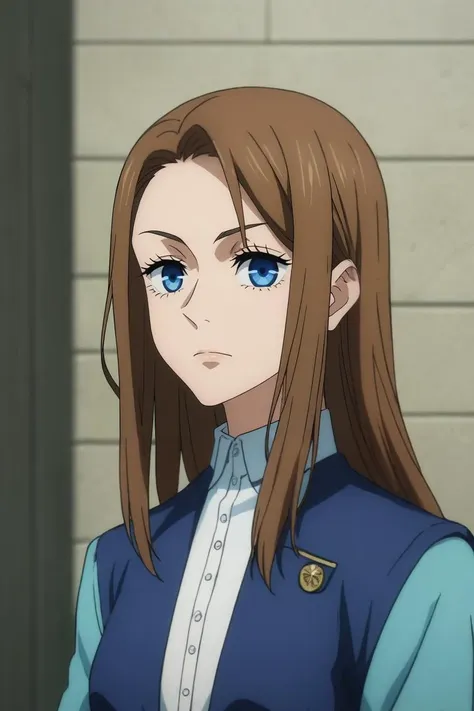 a woman with long brown hair and blue eyes standing in front of a wall