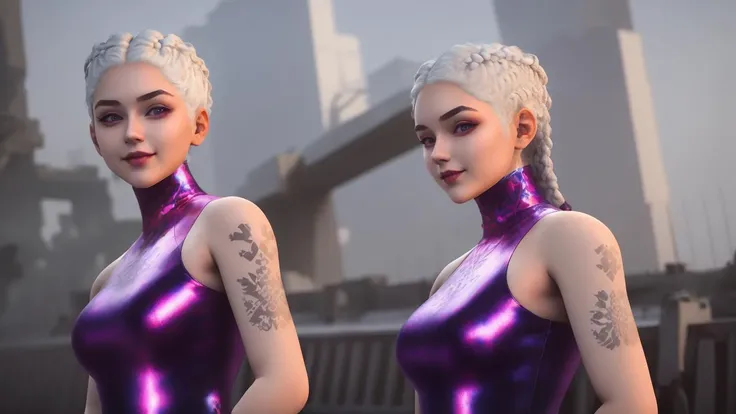 <lora:izanami-10:1> 1girl,  Beautiful face, white hair, Urzykstan skyscrapers in the background , purple eyes,twin braids,shoulder tattoo, white hairs,  leotard,smile, (insanely detailed, beautiful detailed face,beautiful detailed eyes, masterpiece, best q...