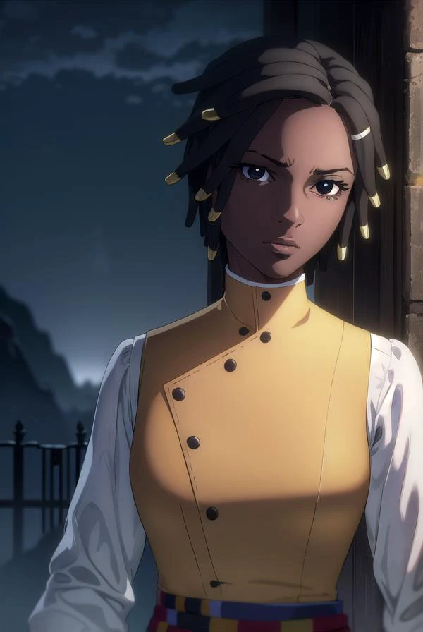 castlevaniaannette, <lora:castlevaniaannette-lora-nochekaiser:1>,
castlevaniaannette, short hair, black hair, dark skin, (black eyes:1.5), dark-skinned female, very dark skin, dreadlocks,
BREAK shirt, long sleeves, white shirt, belt, pants, vest, black pan...