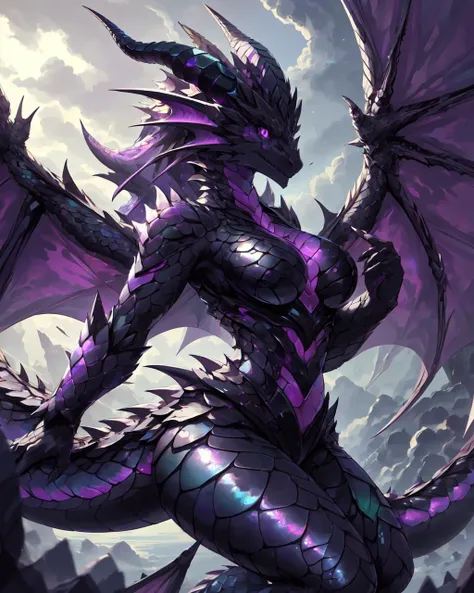 a close up of a dragon with a purple and black body