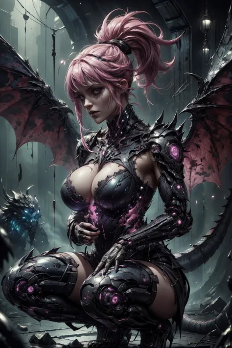 (ultra realistic,32k, masterpiece:1.2),(high detailed skin:1.1),( high quality:1.1),
1girl, pink hair, ponytail hair, bangs,(aqua eyes:0.5),short armor dress,dragon scale, thigh highs, [<lora:DraconicTech:0.8>draconictech,scifi,obsidian:<lora:DART:0.5>DART...