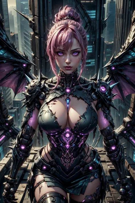 (ultra realistic,32k, masterpiece:1.2),(high detailed skin:1.1),( high quality:1.1),
1girl, pink hair, ponytail hair, bangs,(aqua eyes:0.5),short armor dress,dragon scale, thigh highs, [<lora:DraconicTech:0.8>draconictech,scifi,obsidian:<lora:HoloPunk:0.5>...