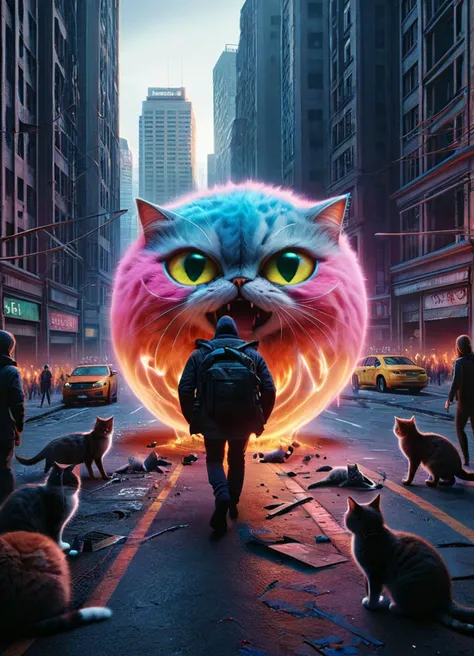 a poster of a cat with glowing eyes walking down a street