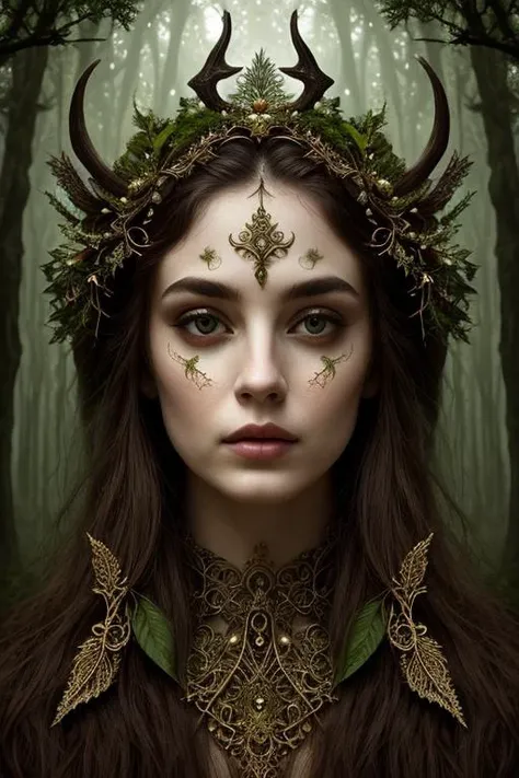 woman in a mythical forest, masterpiece, perfect face, intricate details, horror theme