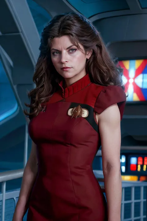 close up, realistic photo of Krloal, a middle aged woman, stoic expression, skeptical expression, wearing a red star trek dress, standing on the bridge of the Enterprise, looking at the camera, realistic, (masterpiece:1.1), (best quality:1.1), beautiful, (...