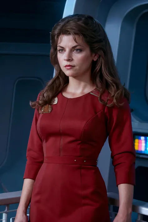 close up, realistic photo of Krloal, a middle aged woman, stoic expression, skeptical expression, wearing a red star trek dress, standing on the bridge of the Enterprise, looking at the camera, realistic, (masterpiece:1.1), (best quality:1.1), beautiful, (...