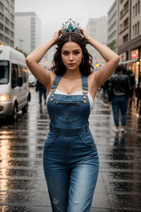 a close up of a woman in overalls and a tiable