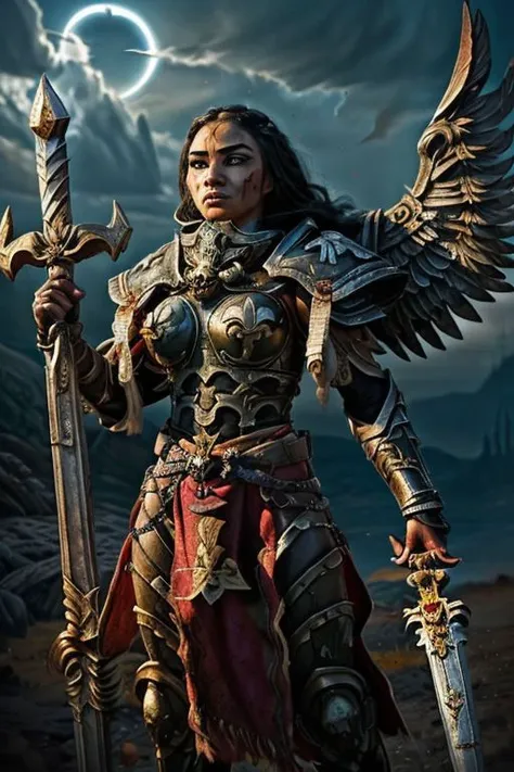 an epic painting of moana wearing the armor of adepta sororitas, whsororitas, halo over her head, masterpiece, 1girl, woman, dark skin, beautiful face, (dynamic fighting pose), armored angel wings, dualwielding swords, detailed eyes, looking at camera, det...