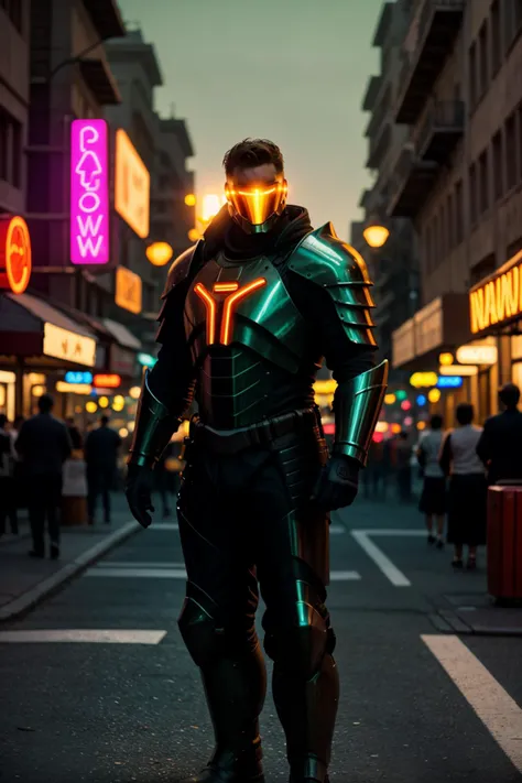 vintage style photo of Wide angle photorealism, (Handsome young man in zzcbrlnzz hdsrmr armor:1.3, (Volumetric real time lighting and shadows:1.2), Neon-lit streets, Bold neon glow, (Dynamic cityscape backdrop:1.3), Mesmerizing neon hues, Urban atmosphere,...