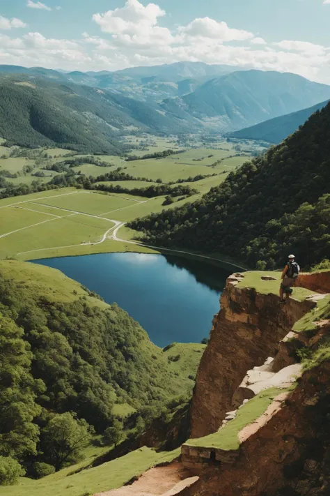 a view of a lake and a mountain with a person standing on a cliff