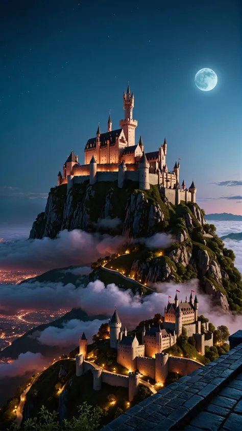 long shot scenic professional photograph of breathtaking cinematic photo cinematic film still masterwork painting low angle of apocalyptic medieval city, castle on the horizon the top of the hill covered in mist, ,  night time,  spikes, an ultrafine detail...