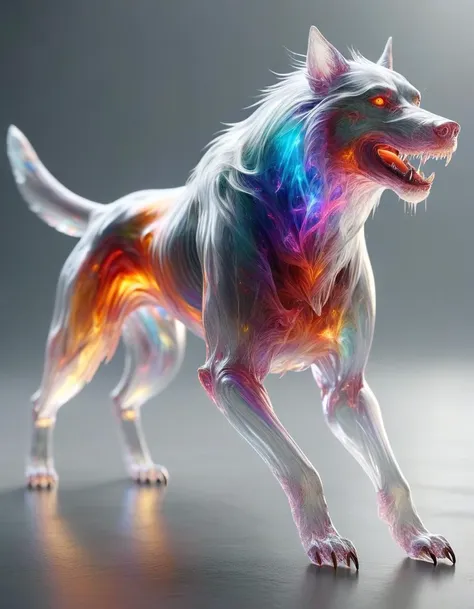 a close up of a dog with a rainbow colored coat on