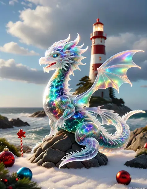 hyper detailed masterpiece, dynamic, awesome quality, photo of a tiny cute ral-smoldragons stalking a group stuck in a time loop, A windswept, rocky coastline with a historic lighthouse and dramatic skies, christmas, snowing, chrimstas trees, christmas orn...