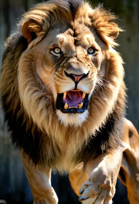 a close up of a lion with its mouth open and its mouth wide open