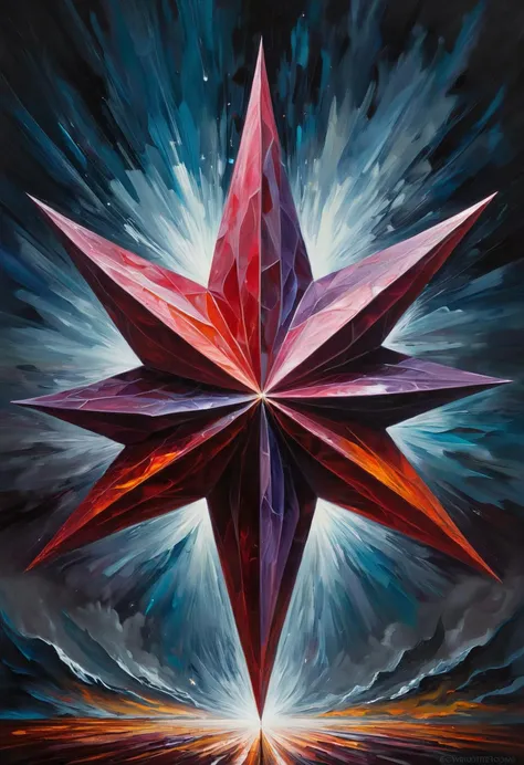 a painting of a star with a red center and a blue background