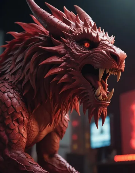 a close up of a red dragon statue with its mouth open