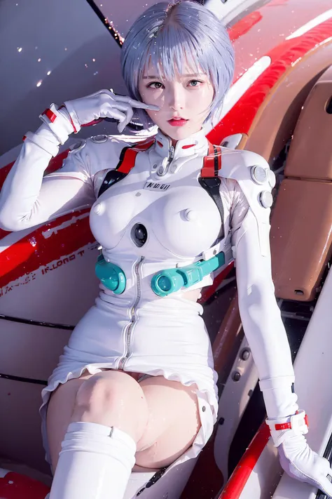 8k, best quality, (masterpiece:1.2), (realistic, photo-realistic:1.37), (ayanami_rei), (rei ayanami), (pilot_suit), (pilot suit), (sitting in the cockpit), ultra-detailed,  1girl, ayanamirei, eva00plugsuit,  looking at viewer, city, blue short hair,  red e...