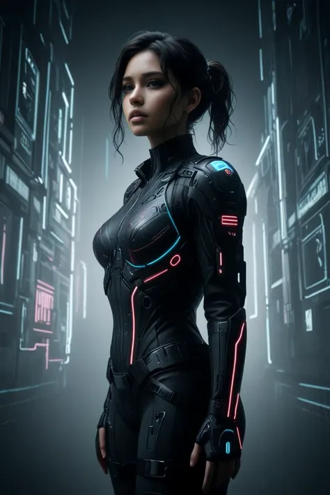 a woman in a futuristic suit standing in a dark room