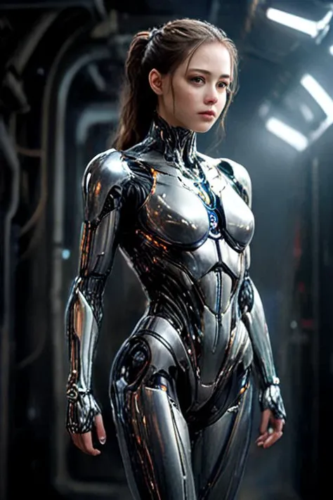 Hyperrealistic art "Create a striking full body visual depiction of an awe-inspiring cyborg. The cyborg should exude power,resilience,and a fusion of human and mechanical elements. Consider incorporating sleek metallic components seamlessly integrated with...