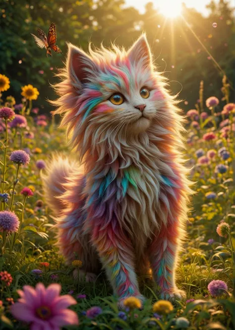 a close up of a cat with a rainbow colored mane in a field of flowers