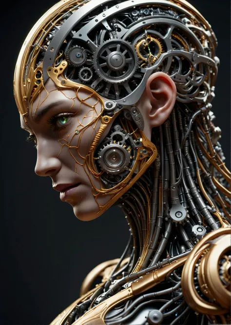 a close up of a woman with a metal head piece