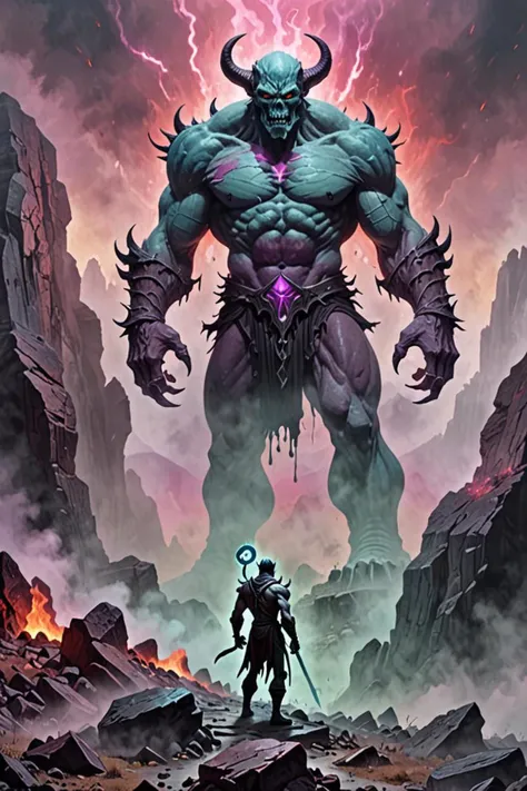 a demon necromancer and colossus in a rocky ground in the style of multi pastel colors, magic fog, <lora:sdxl_lightning_8step_lora.safetensors:1.0>, <lora:add detail xl.safetensors:1.5>