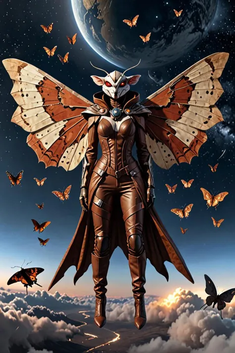 a woman in a leather outfit standing on a hill with butterflies flying around her