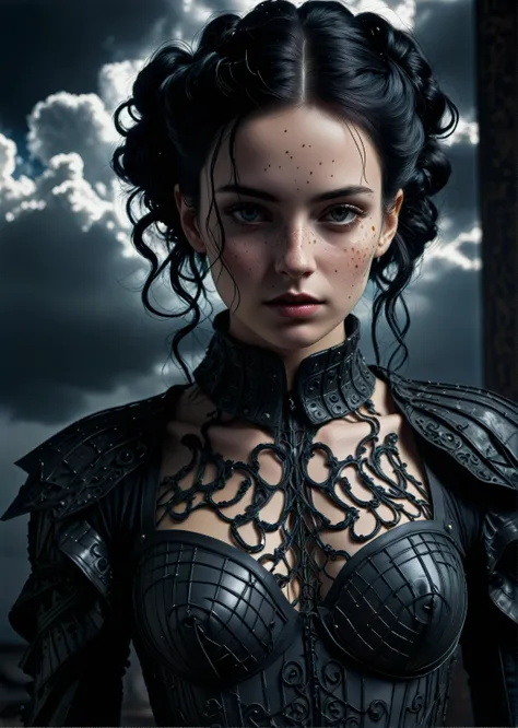 a woman in a black corset and leather armor with a cloudy sky behind her