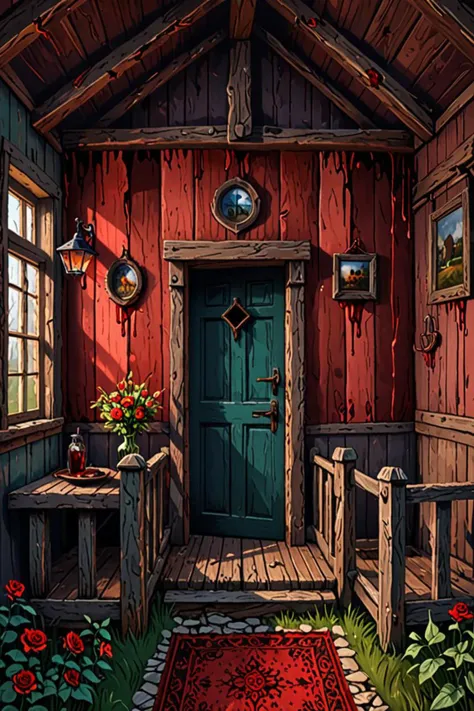 painting of a red cabin with a green door and a red rug