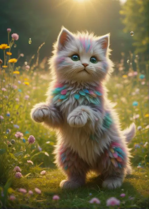 a close up of a cat with a rainbow colored tail standing in a field of flowers