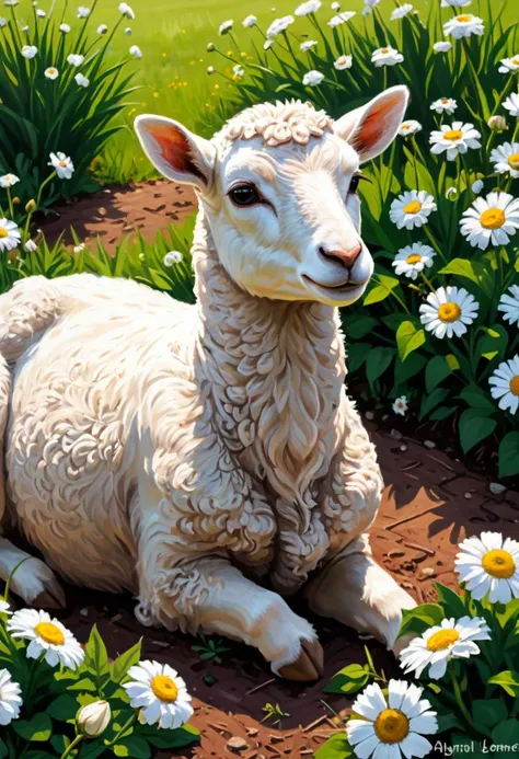 professional painting by Alayna Lemmer of a lamb laying under sunlight. The lamb has relaxed expression and is wearing a small silk bowtie. There are pretty flowers around. It is spring morning time and clear weather. Smooth focus on the lamb, dynamic pose...